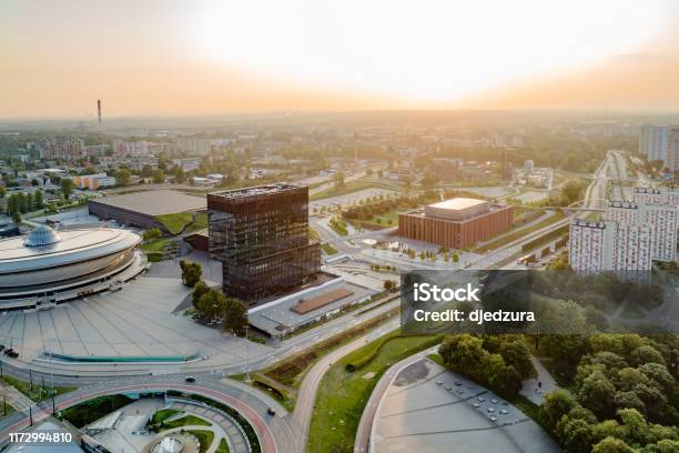 Aerial Drone View Of Katowice At Sunrise Katowice Is The Largest City And Capital Of Silesia Voivodeship Stock Photo - Download Image Now