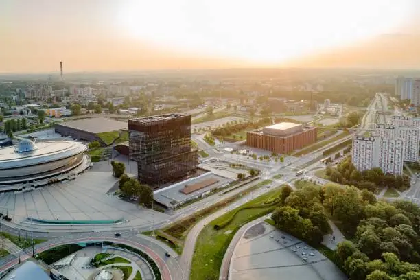 Aerial drone view of Katowice at sunrise. Katowice is the largest city and capital of Silesia voivodeship. Katowice, Silesia, Poland