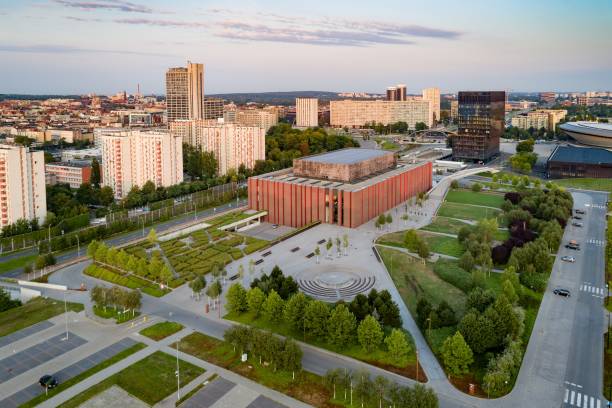 Drone view of Katowice at sunrise. Katowice is the largest city and capital of Silesia voivodeship. Drone view of Katowice at sunrise. Katowice is the largest city and capital of Silesia voivodeship. Katowice, Silesia, Poland katowice stock pictures, royalty-free photos & images