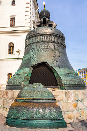 Broken Tsar Bell inside Kremlin, the largest bell in the world, commissioned by Empress Anna Ivanovna, broken during metal casting, Moscow, Russia