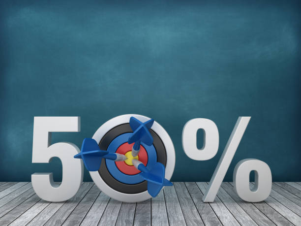 istock 3D Word 50% with Target on Chalkboard Background - 3D Rendering 1172996911