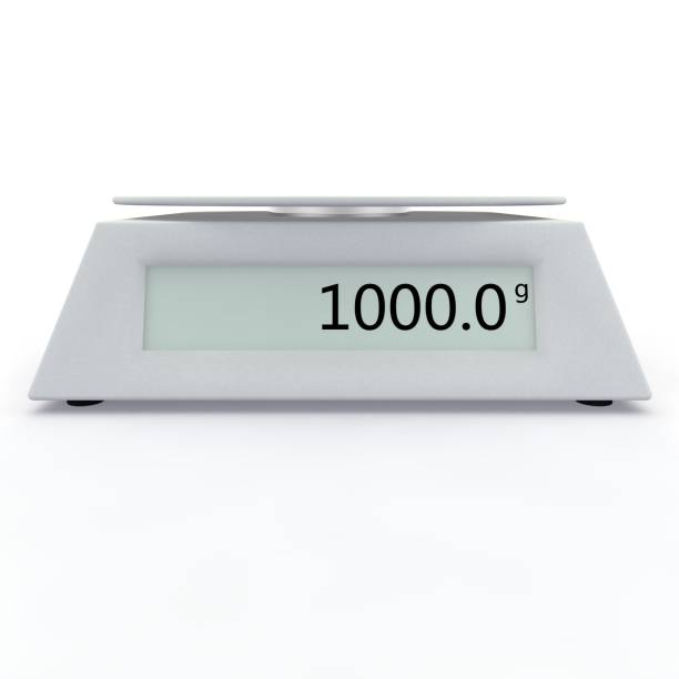 Electronic scales show 1000 grams, on a white isolated background. There is a free space for your design Electronic scales show 1000 grams, on a white isolated background. There is a free space for your design. 3D illustration libra photos stock pictures, royalty-free photos & images