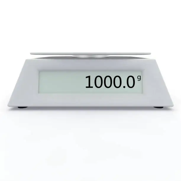 Electronic scales show 1000 grams, on a white isolated background. There is a free space for your design. 3D illustration