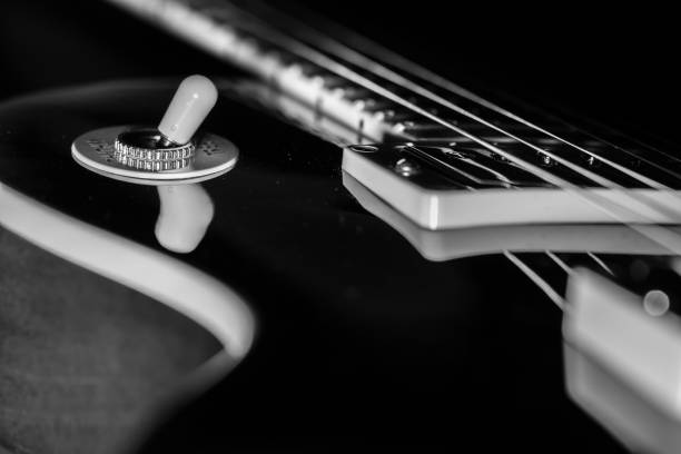 istock electric guitar, black & white, close-up 1173002690