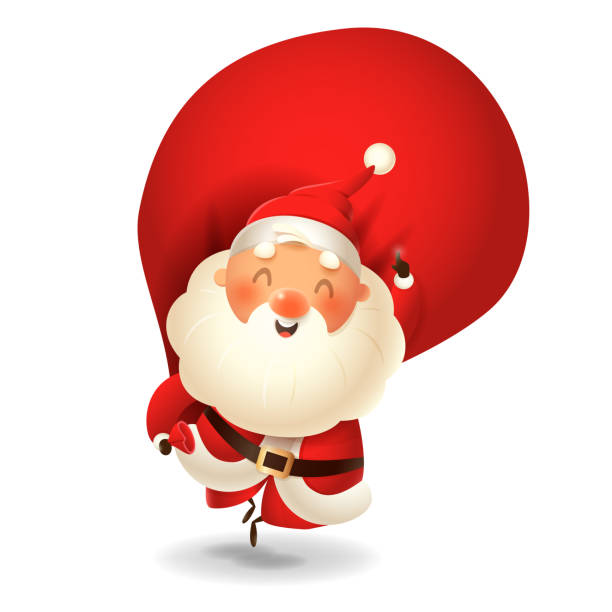 istock Santa Claus with sack jumping - happy expression point finger up - vector illustration isolated on transparent background 1173002936