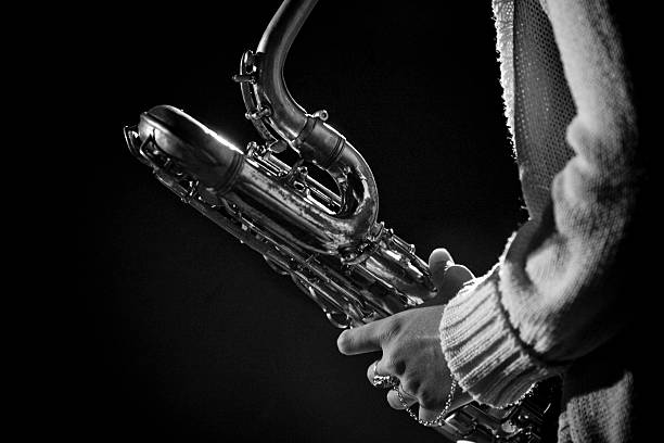 istock Black and white closeup image of a saxophone and hands 117301453