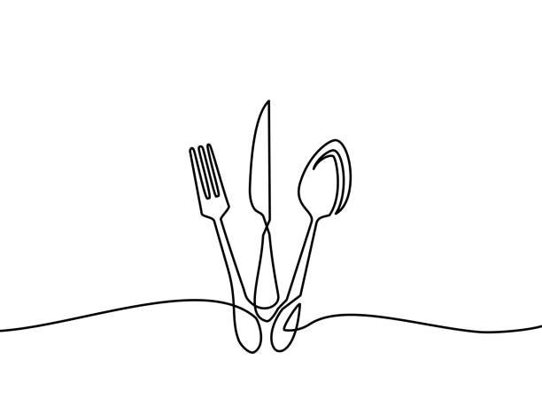 illustrations, cliparts, dessins animés et icônes de dessin continu d'une ligne du logo de restaurant. couteau, fourchette et cuillère. illustration de vecteur noire et blanche. - aliment illustrations
