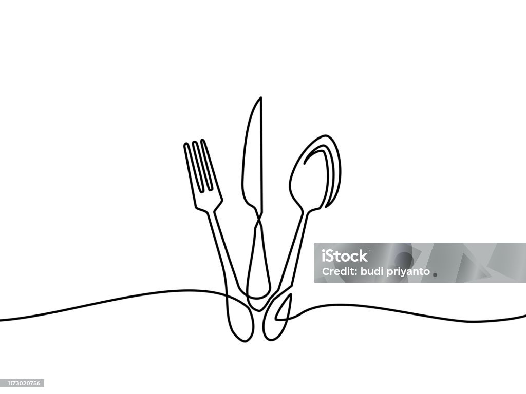 Continuous one line drawing of restaurant logo. knife, fork and spoon. Black and white vector illustration. Food stock vector