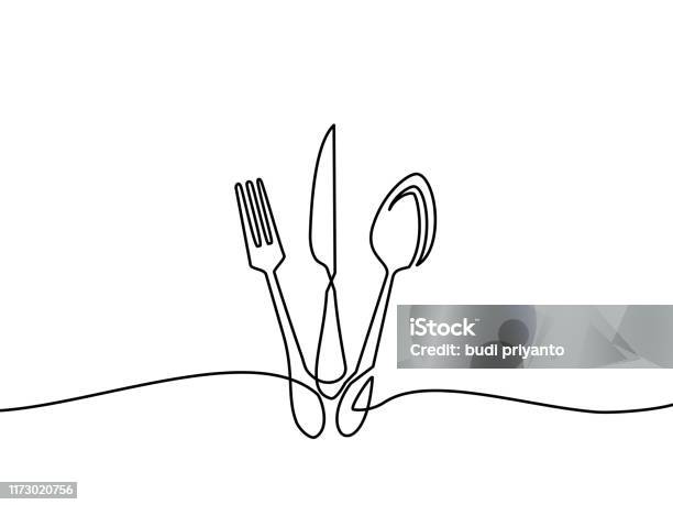 Continuous One Line Drawing Of Restaurant Logo Knife Fork And Spoon Black And White Vector Illustration Stock Illustration - Download Image Now