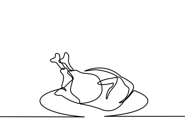 연속 한 선 그리기. 접시에 닭고기. 레스토랑 로고. 흑백 벡터 그림입니다. - cooked chicken sketching roasted stock illustrations