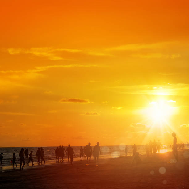 istock silhouetted people on beach over orange colored sunset sky 1173023970