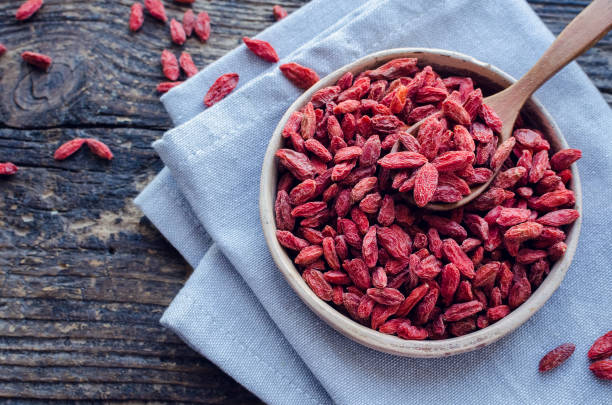Healthy goji berries Superfood goji berries in ceramic bowl on wooden background. Wolfberry for healthy eating. Healthy super food supplement. Alternative medicine. Recovery. Rejuvenation. Slimming. Top view. Copy space. tibet photos stock pictures, royalty-free photos & images