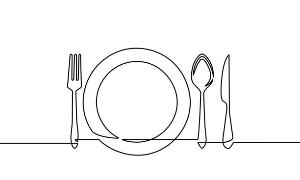 ilustrações de stock, clip art, desenhos animados e ícones de continuous one line drawing of restaurant logo. plate, knife, fork and spoon. black and white vector illustration. - foods and drinks equipment household equipment kitchen utensil