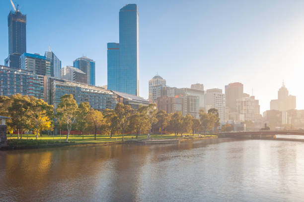 Melbourne cityscape with sunset sunshine at autumn. Australia