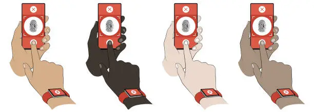 Vector illustration of Diverse hands failing to scan a fingerprint on a smartphone