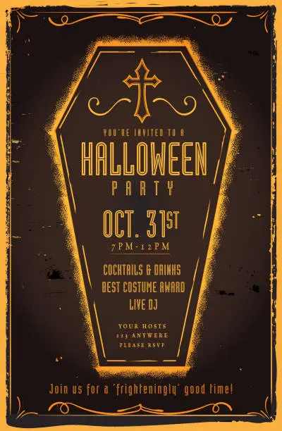 Vector illustration of Spooky Coffin Halloween Party Invitation Design template with cross and scroll design elements