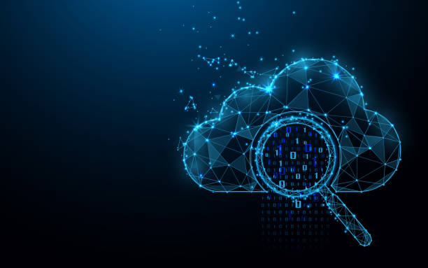 illustrations, cliparts, dessins animés et icônes de concept de technologie de stockage en ligne en nuage. l'échange d'informations big data est disponible. loupe avec données analytiques - computer storage compartment connection order