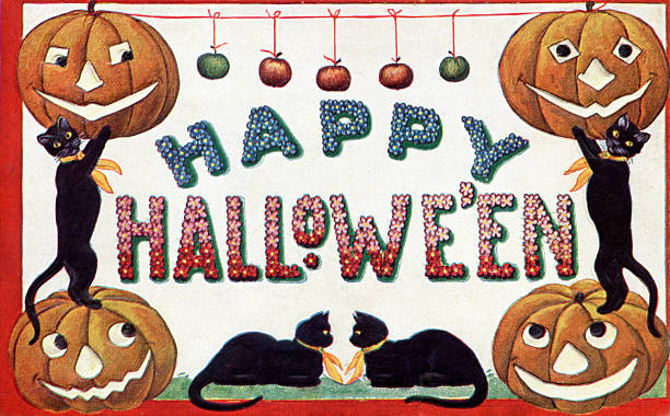 vintage Halloween scene on old postcard Vintage Halloween scene from 1908 postcard. 1908 stock illustrations