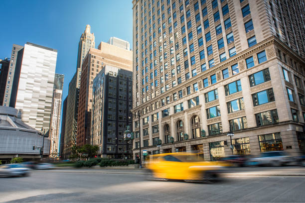 Downtown skyscrapers with yellow cab / City concept (Click for more) stock photo