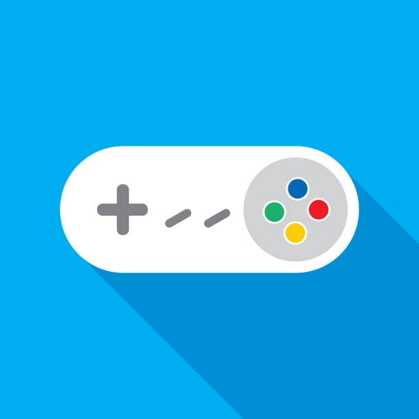 White Video Game Controller Icon Vector illustration of a white retro video game controller with shadow on a blue background. handheld video game stock illustrations