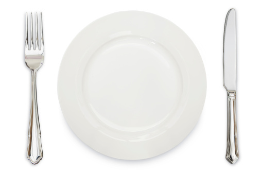 A white plate, knife and fork against a white background