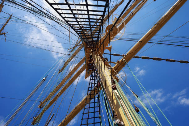 Steel masts of a sailing ship with the lowered sails with blue sky on the background. Steel masts of a sailing ship with the lowered sails with blue sky on the background. krusenstern stock pictures, royalty-free photos & images