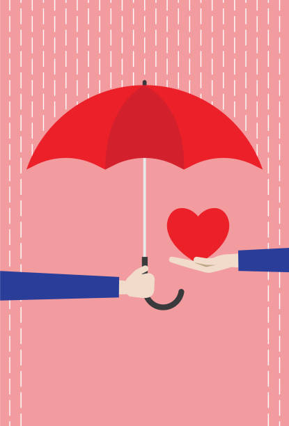 ilustraciones, imágenes clip art, dibujos animados e iconos de stock de paraguas rojo que protege el corazón de la lluvia - loving cartoon men women