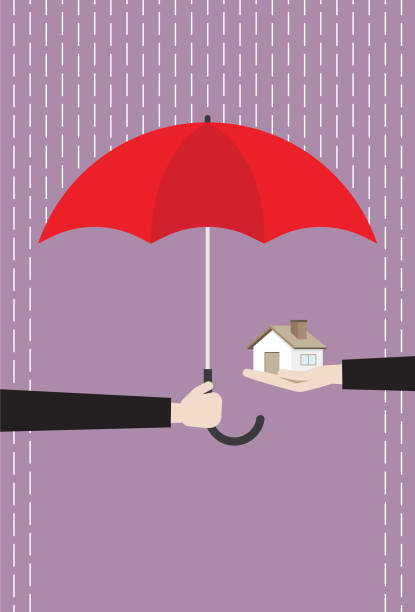 бизнесмен с красным зонтиком защищает дом от дождя - security umbrella rain currency stock illustrations