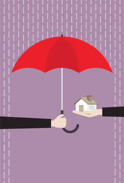 Vector illustration of Businessman with a red umbrella protecting house from rain
