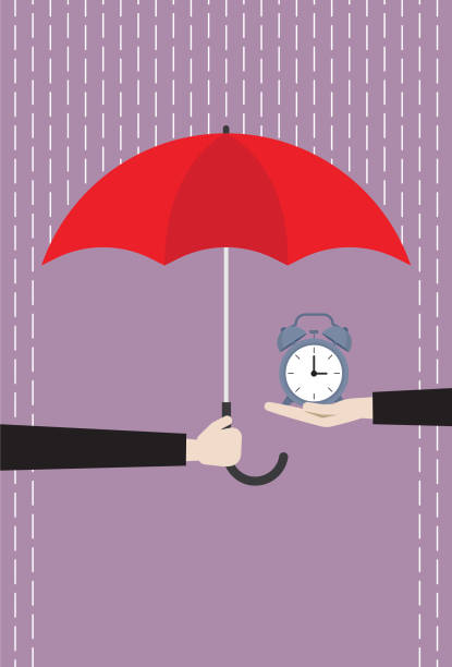 illustrations, cliparts, dessins animés et icônes de homme d'affaires avec un parapluie rouge protégeant l'horloge de la pluie - security umbrella rain currency