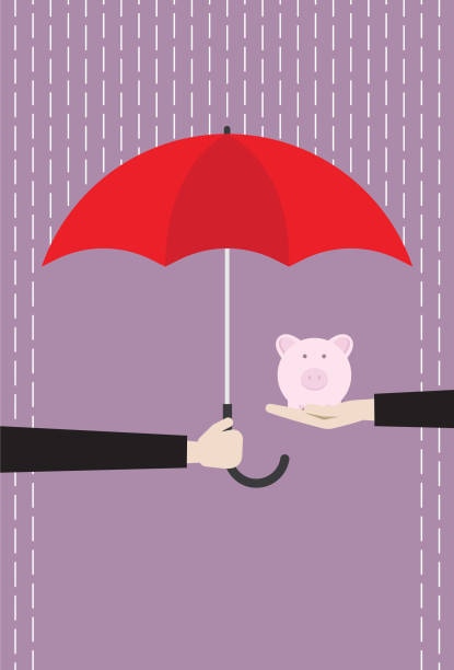 illustrations, cliparts, dessins animés et icônes de homme d'affaires avec un parapluie rouge protégeant la tirelire de la pluie - security umbrella rain currency