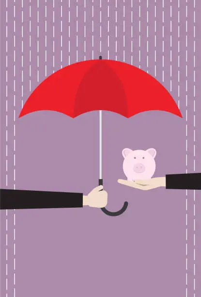 Vector illustration of Businessman with a red umbrella protecting piggy bank from rain