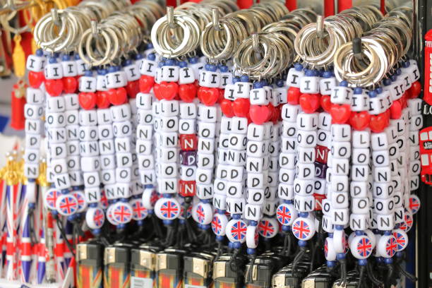 Souvenir shop London UK London England - June 1, 2019: Souvenir shop display key rings in downtown London UK London Memorabilia stock pictures, royalty-free photos & images