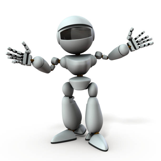 istock A white robot that spreads both arms. It represents a welcome. White background. 3D illustration. 1173054978