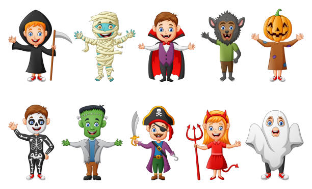 ilustraciones, imágenes clip art, dibujos animados e iconos de stock de conjunto de lindos trajes de dibujos animados halloween niños - vampire vampiress little girls cartoon