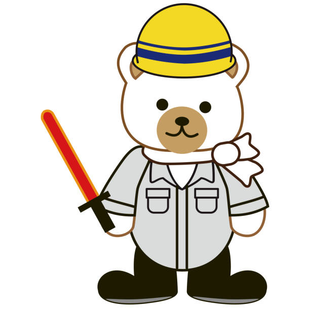 작업복을 입고 있는 귀여운 곰의 일러스트. - flagger stock illustrations