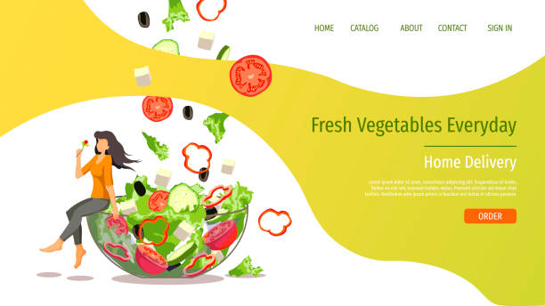 illustrazioni stock, clip art, cartoni animati e icone di tendenza di modello di progettazione di pagine web per verdure fresche, cibo biologico, ordinazione di cibo online, ricette. - salad food and drink food lettuce