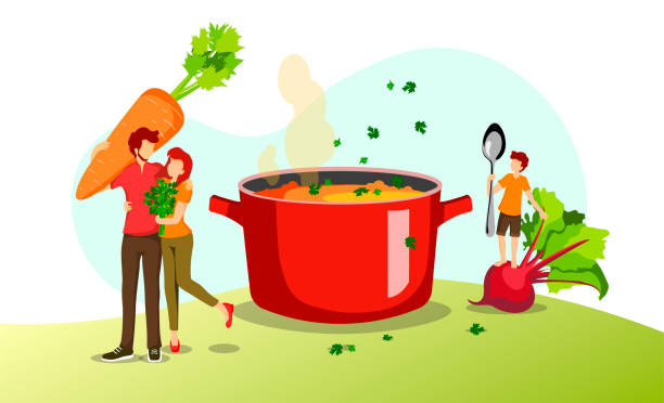 Young family, fresh vegetables and pan with soup. Young family, fresh vegetables and pan with soup. Healthy food, natural products, family cooking, recipes concept. Vector illustration for poster, banner, website. young hot stock illustrations