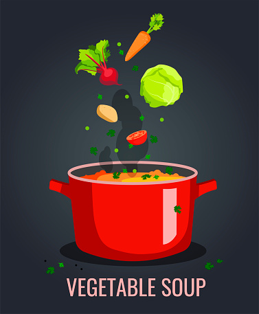 Pan of vegetable soup with beet, cabbage, carrot, tomato, potato and peas on the dark background. Vector illustration for poster, banner, menu, brochure, card, flyer.