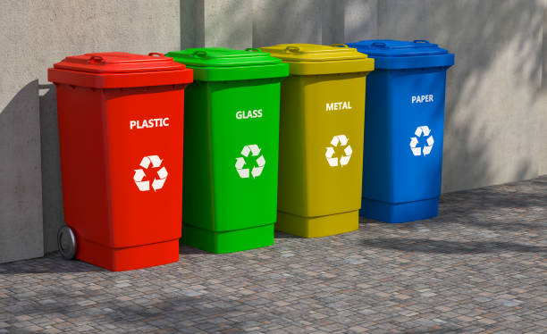 garbage bins 3D illustration of four colored containers for separate collection of garbage. utilize stock pictures, royalty-free photos & images