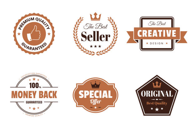 Set of 6 Brown badges and labels, isolated on white background (Premium Quality - Guaranteed, The Best Seller, Creative - The Best Design, Money Back - 100% Guaranteed, Special Offer, Original - Best Quality). Elements for your design, with space for your text. Vector Illustration (EPS10, well layered and grouped). Easy to edit, manipulate, resize or colorize.