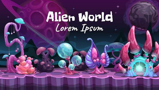 Fantasy cartoon alien world landscape. Vector magic planet illustration