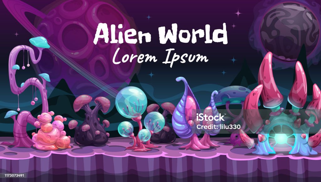 Fantasy Cartoon Alien World Landscape Vector Magic Illustration Stock ...