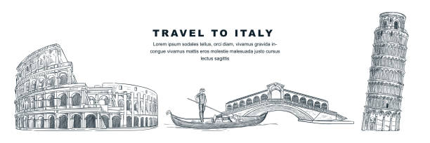 ilustrações de stock, clip art, desenhos animados e ícones de travel to italy hand drawn design elements. vector sketch illustration of colosseum, tower of pisa, rialto bridge. - gondolier