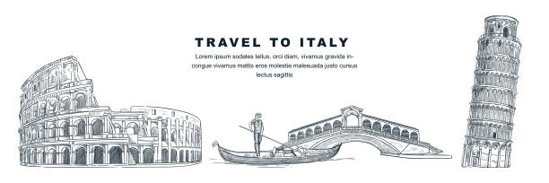 Travel to Italy hand drawn design elements. Vector sketch illustration of Colosseum, Tower of Pisa, Rialto Bridge. Travel to Italy hand drawn design elements. Vector sketch illustration of Colosseum, Leaning Tower of Pisa, Rialto Bridge. Rome, Venice, Pisa famous symbols isolated on white background. venice italy stock illustrations