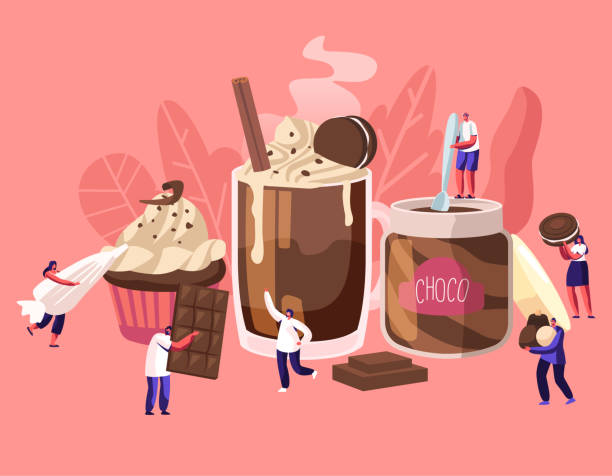 büyük çikolata tatlı yemekleri arasında tiny karakterler. pasta choco yapıştır cupcake şeker kamışı kokteyl. i̇nsanlar tatlı gıda kavramı yiyor. karikatür düz vektör i̇llüstrasyon karikatür düz vektör i̇llüstrasyon - çikolata illüstrasyonlar stock illustrations