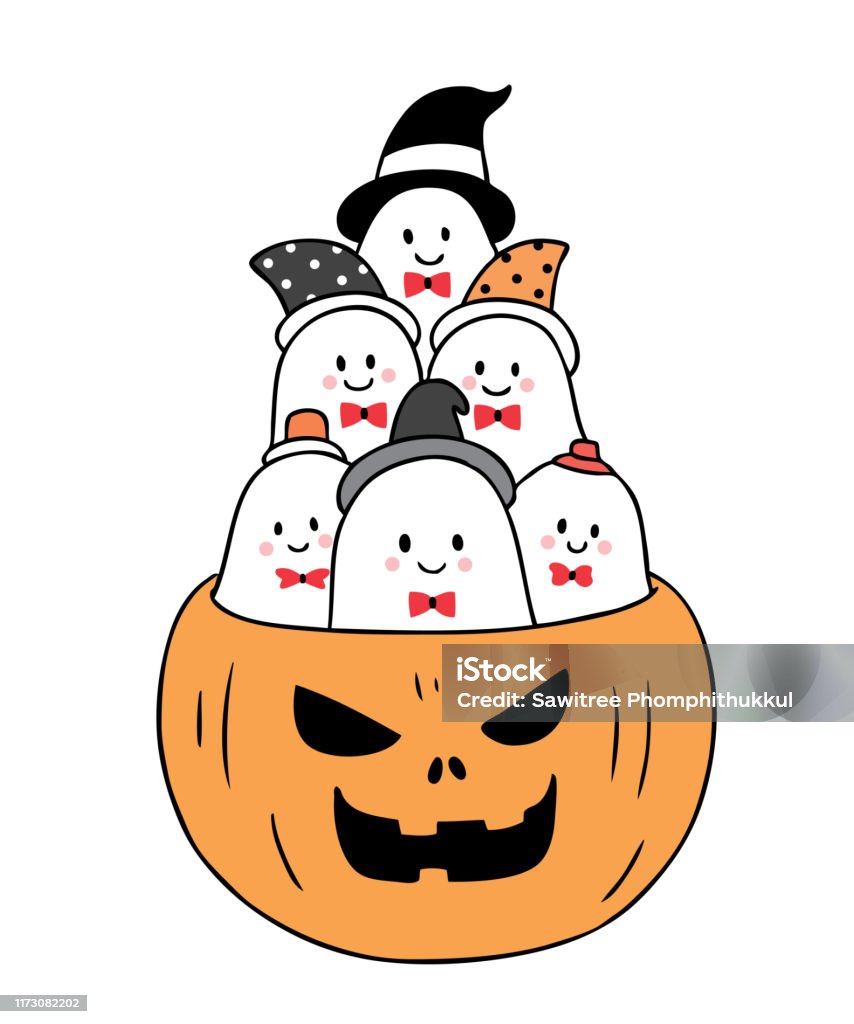 Phim Hoạt Hình Dễ Thương Halloween Ghosts In Pumpkin Vector Hình ...