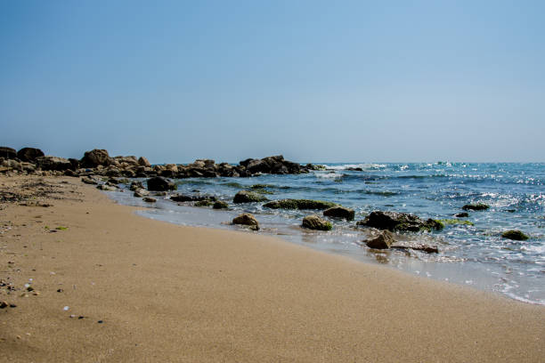 istock Beautiful wild beach landscape, sunny day, water waves hitting the cliffs, nature summertime scene 1173082393