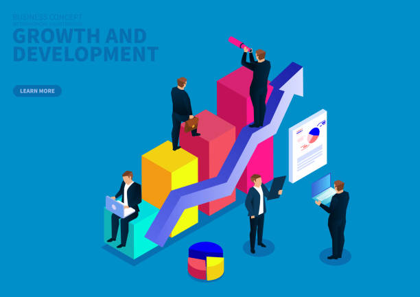 Business growth and development Business growth and development bar graph with arrow stock illustrations