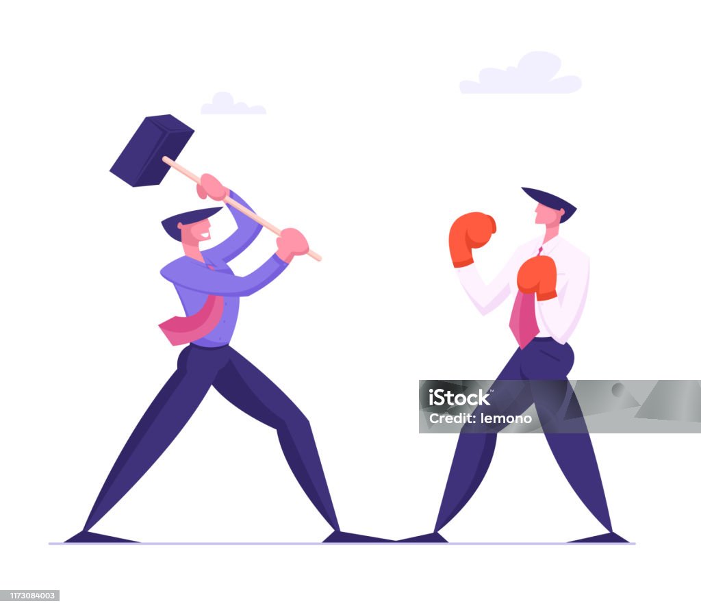 Unfair Fight Businessman Holding Hammer With Man In Boxing Gloves Manager Characters Mortal Combat Business People Competition Challenge Or Leadership Cartoon Flat Vector Illustration Stock Illustration - Download Image Now - iStock